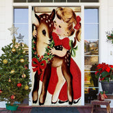 Aperturee - Girl And Sika Deer Painting Christmas Door Cover